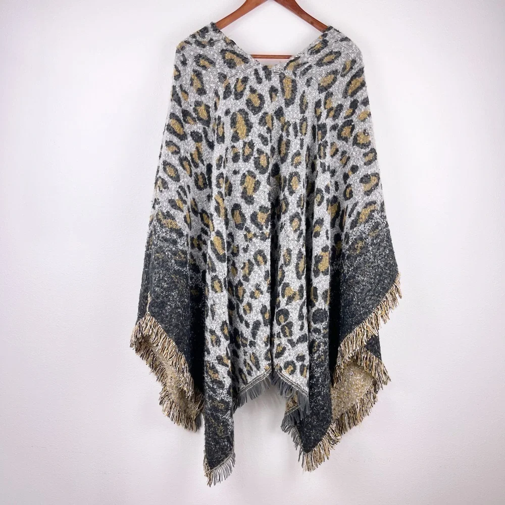 Marc New York Leopard Animal Print Fringed Trimmed Shawl Poncho Scarf ONE SIZE